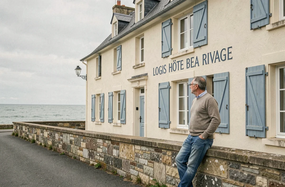 Façade de l'hôtel Logis Beau Rivage en bord de mer en Normandie avec vue sur la mer