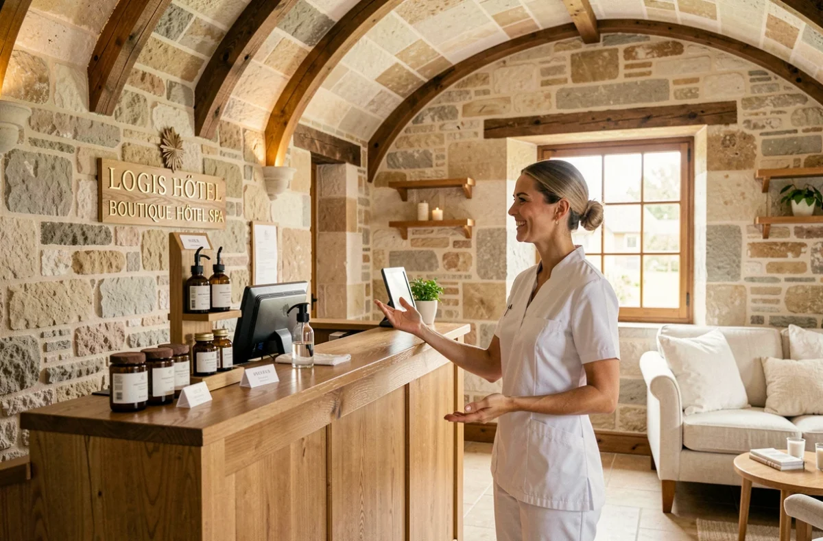 Hall d'accueil en pierre normande du Logis Hôtel Le Trophée Boutique Hôtel Spa