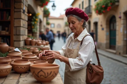 Femme basque en tenue traditionnelle présentant des céramiques artisanales ornées de lauburu sur un marché en plein air au Pays basque