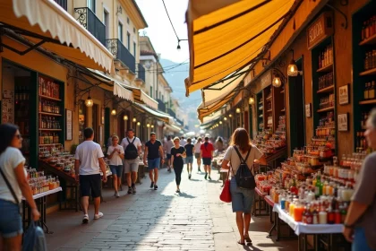 Marché en plein air de Dancharia en Espagne avec des touristes faisant leurs achats parmi les étals de produits locaux et duty-free