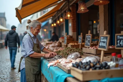 Vendeuse de poissons et fruits de mer sur le march&eacute; de Fort Mahon en baie d'Authie