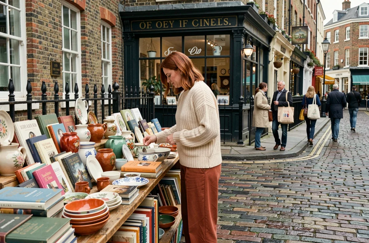 Femme parcourant un marché de rue animé dans le quartier des Liberties à Dublin, étals de céramiques vintage et façades georgiennes en arrière-plan