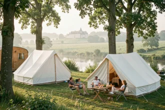 Vue panoramique d'un camping en Indre-et-Loire avec tentes et mobil-homes au bord de la Loire, entouré de nature verdoyante