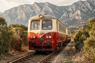 Micheline ferroviaire corse en gare rurale avec montagnes granitiques en arrière-plan
