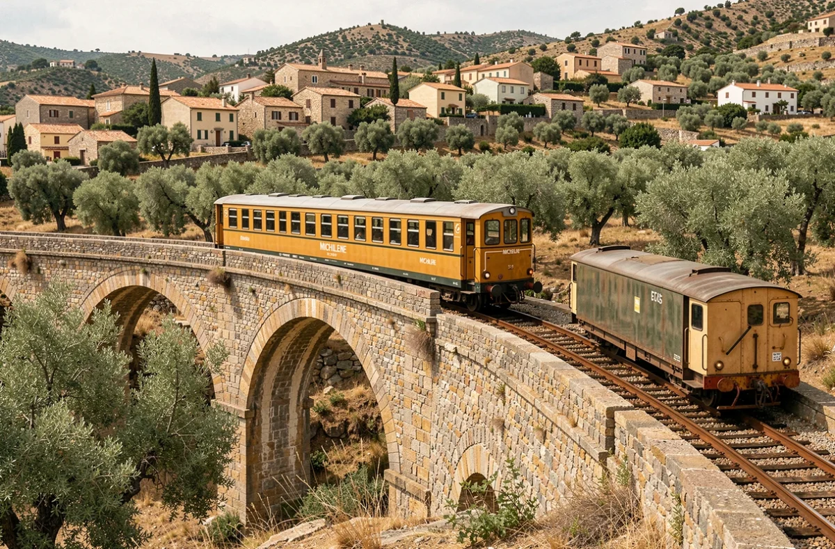 Micheline traversant un viaduc en pierre dans la région de Balagne en Haute-Corse