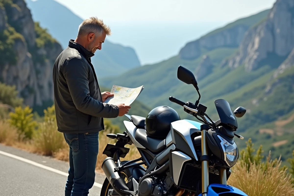 Motard homme regardant une carte au sommet d'une montagne en Corse