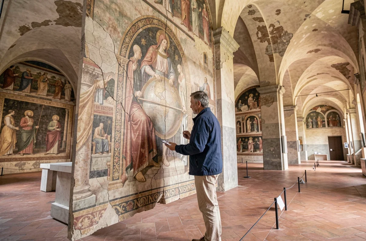 Visiteur contemplant la fresque Maestà de Simone Martini au Museo Civico dans le Palazzo Pubblico de Sienne