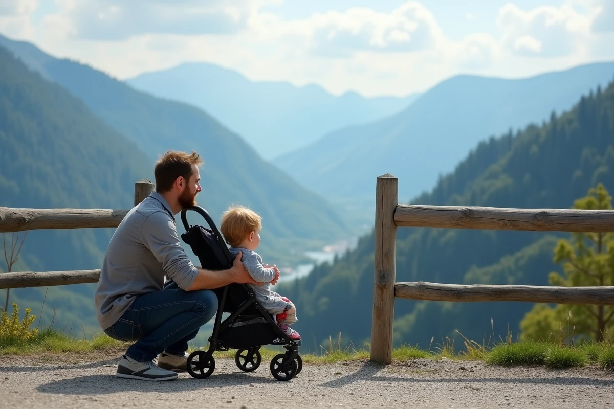 P&egrave;re avec b&eacute;b&eacute; regardant la vall&eacute;e au point de vue