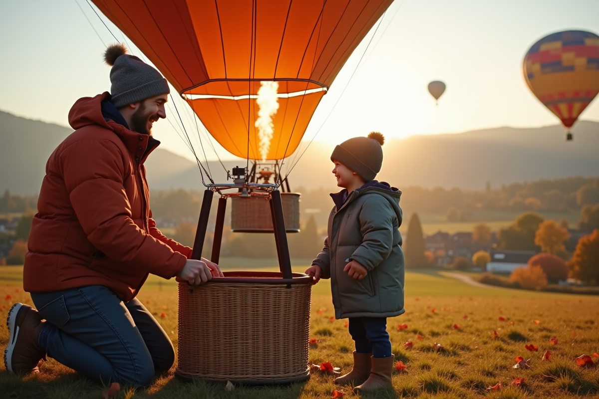 Père et fils préparant une montgolfière en automne