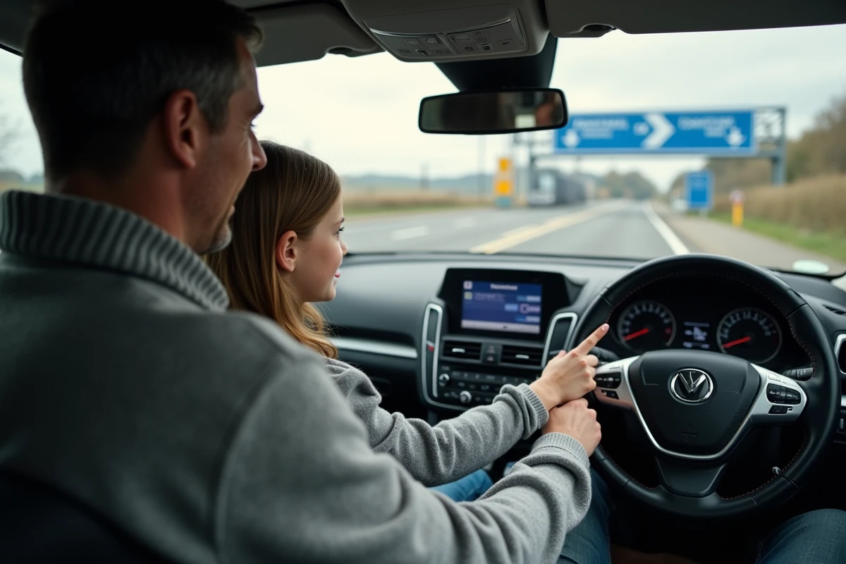 Père et fille dans la voiture près du guichet tunnel