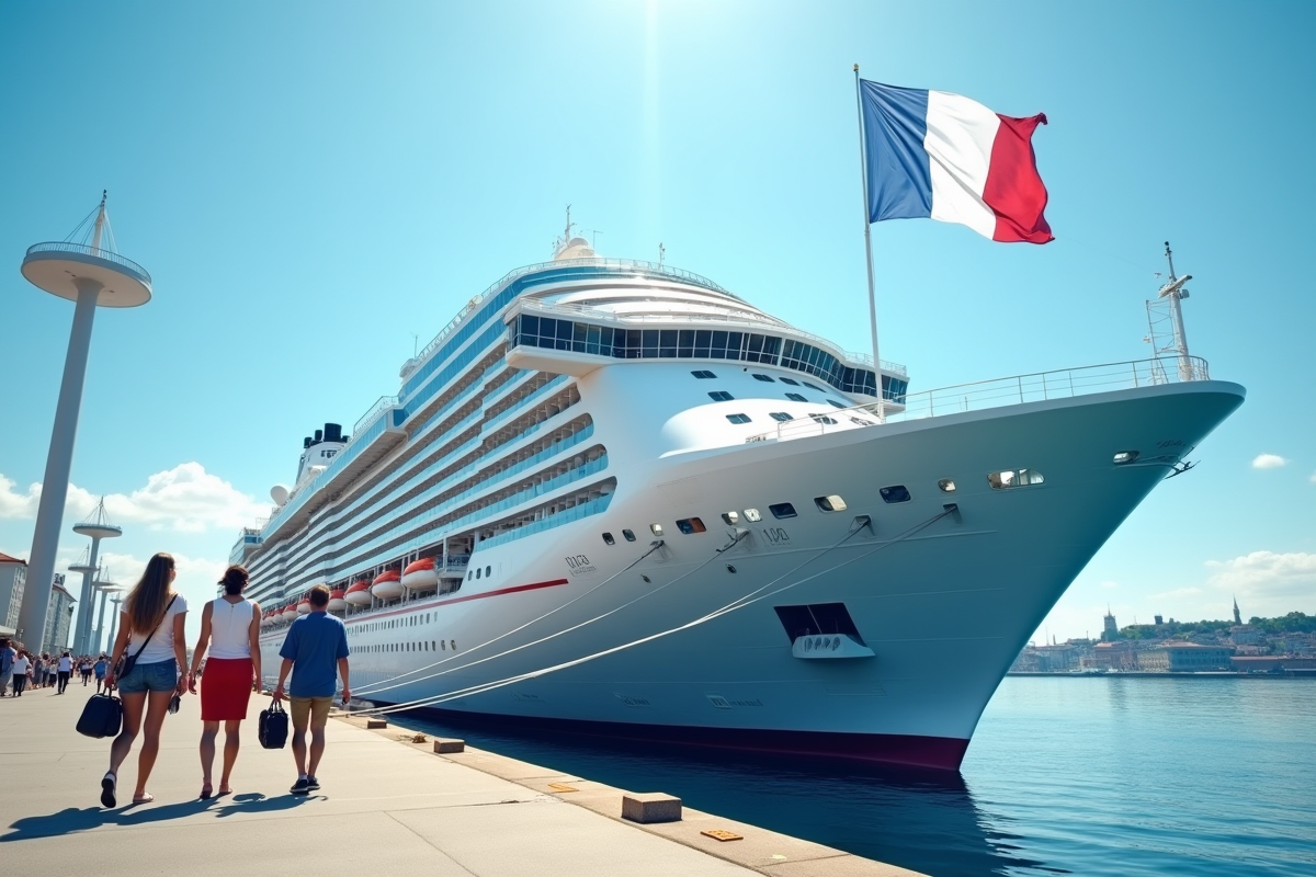 Paquebot moderne dans un port français ensoleille avec drapeau