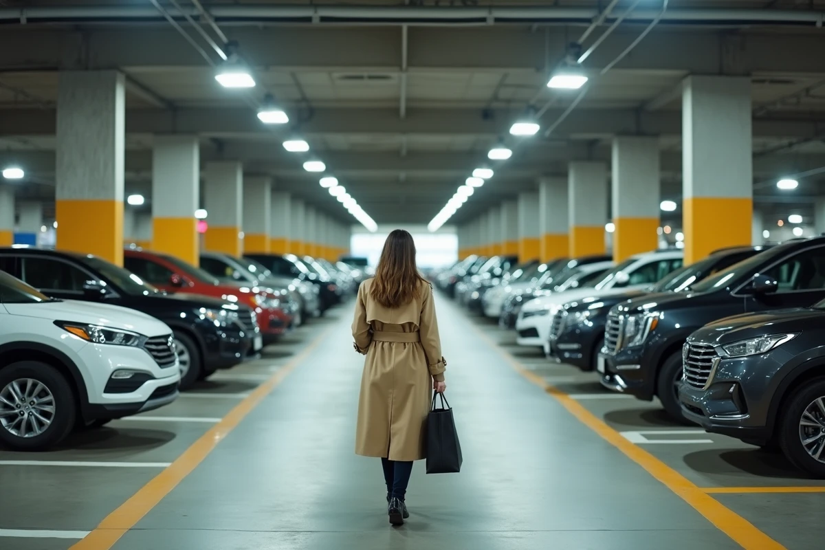 Intérieur d'un parking couvert près de la gare Lille Flandres avec une femme consultant son téléphone