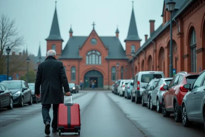 Parking proche de la gare Lille Flandres avec voyageur et valise sur fond de façade en briques rouges