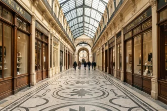 Intérieur du passage Vivienne à Paris avec son sol en mosaïque et sa verrière en fer forgé du XIXe siècle
