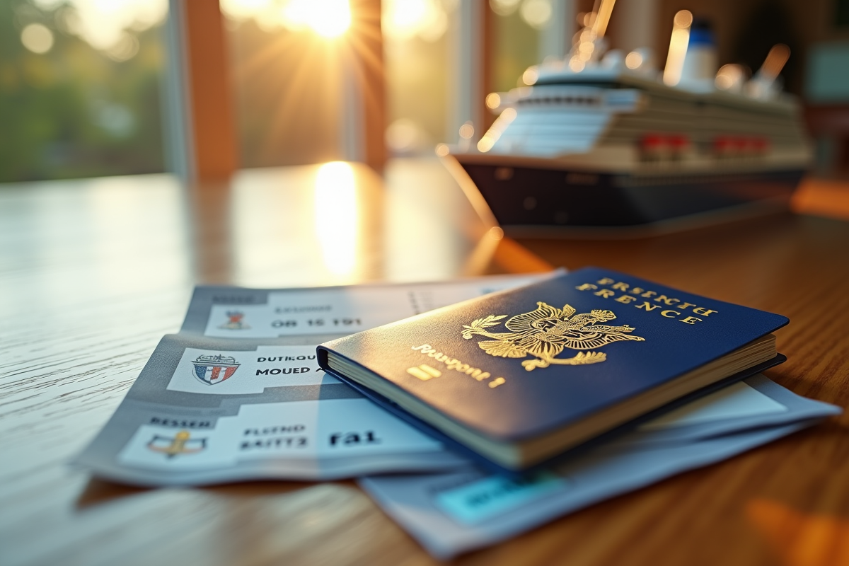 Passeport français et billets de croisiere sur une table en bois