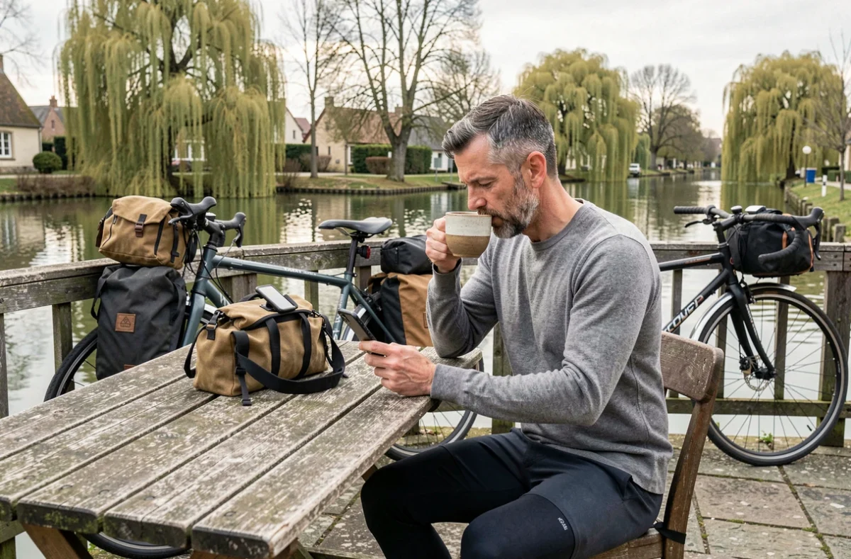Cycliste homme faisant une pause devant une chambre d'hôtes au bord du canal de Nantes à Brest avec ses vélos chargés