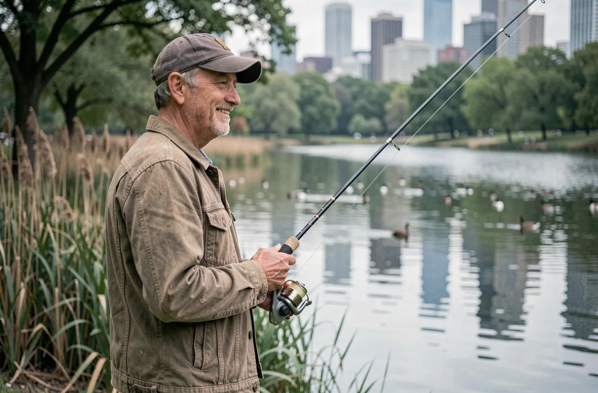 Homme pêchant au bord du lac de Flushing Meadows dans Corona Park à Queens New York