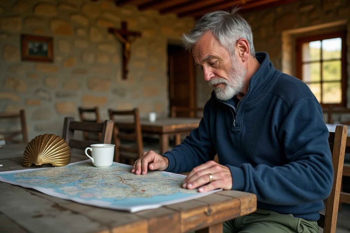 Pèlerin planifiant son étape sur le Chemin de Saint-Jacques dans un gîte d'étape rustique avec carte topographique