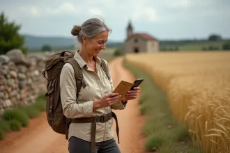 Pèlerine sur le GR 65 consultant une application de calcul d'itinéraire vers Compostelle en France rurale