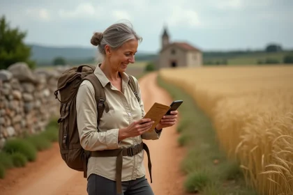 Pèlerine sur le GR 65 consultant une application de calcul d'itinéraire vers Compostelle en France rurale