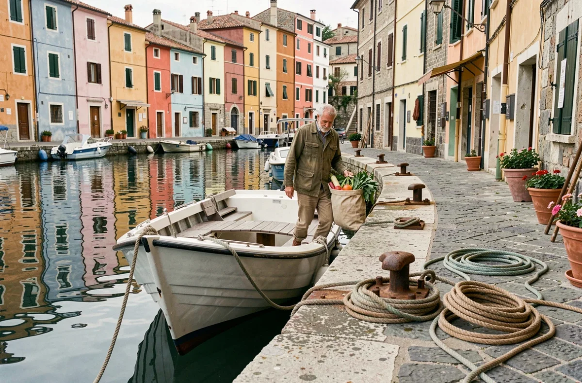 Homme amarrant un petit bateau à moteur sur un quai de village de pêcheurs italien en Méditerranée