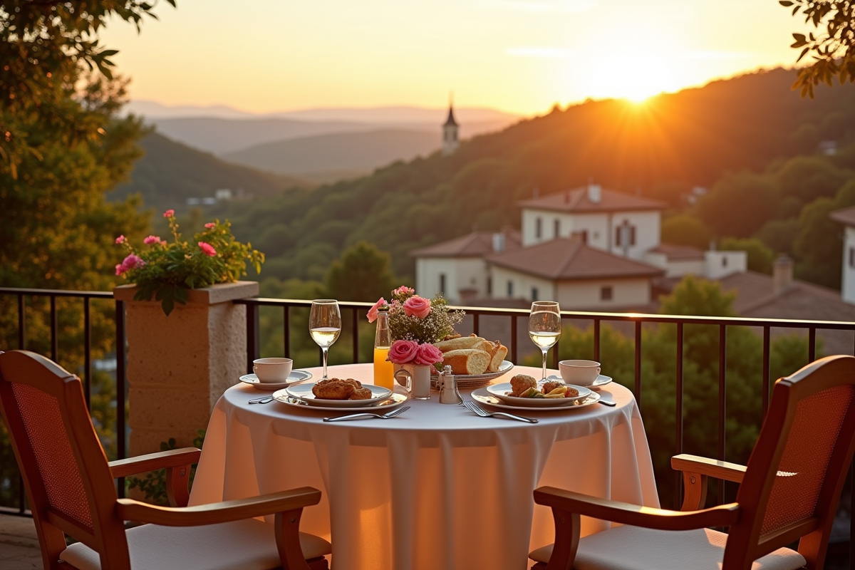 Petit déjeuner romantique avec vue sur le village de Provence