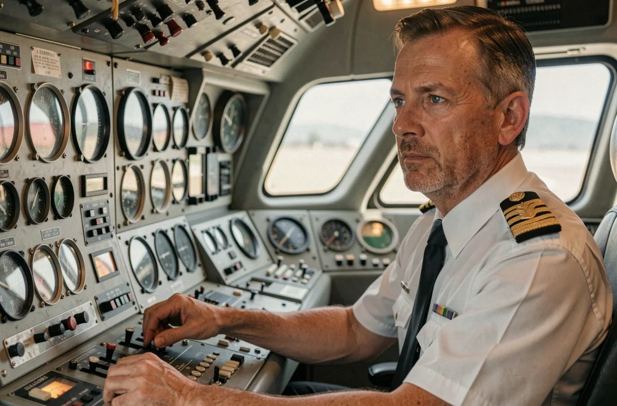 Pilote de Concorde en uniforme dans le cockpit aux instruments analogiques complexes, concentré sur les commandes lors d'un vol Paris-New York à Mach 2