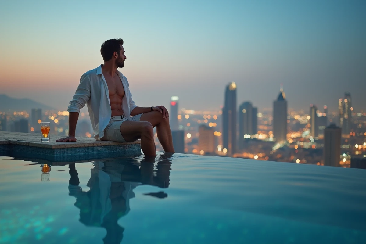 Piscine à débordement d'un hôtel de luxe à Dubaï avec vue sur les gratte-ciels au crépuscule