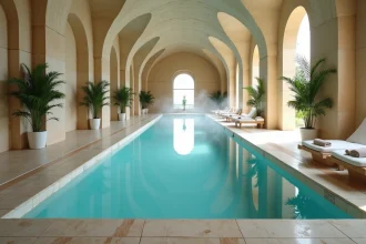Piscine intérieure luxueuse d'un hôtel 5 étoiles à Strasbourg avec colonnes en pierre et chaises longues élégantes