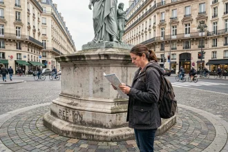 Femme consultant un plan de métro devant la statue de Marianne place de la République à Paris