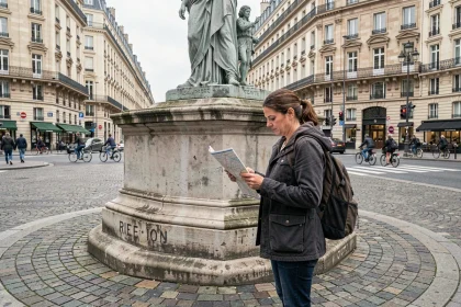 Femme consultant un plan de métro devant la statue de Marianne place de la République à Paris