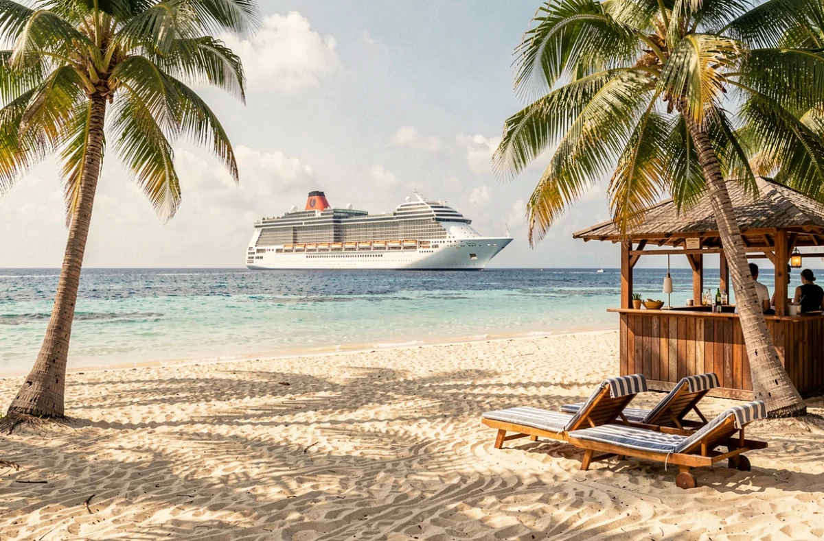 Plage de sable blanc aux Caraïbes avec un bateau de croisière Costa ancré au large et des palmiers au premier plan