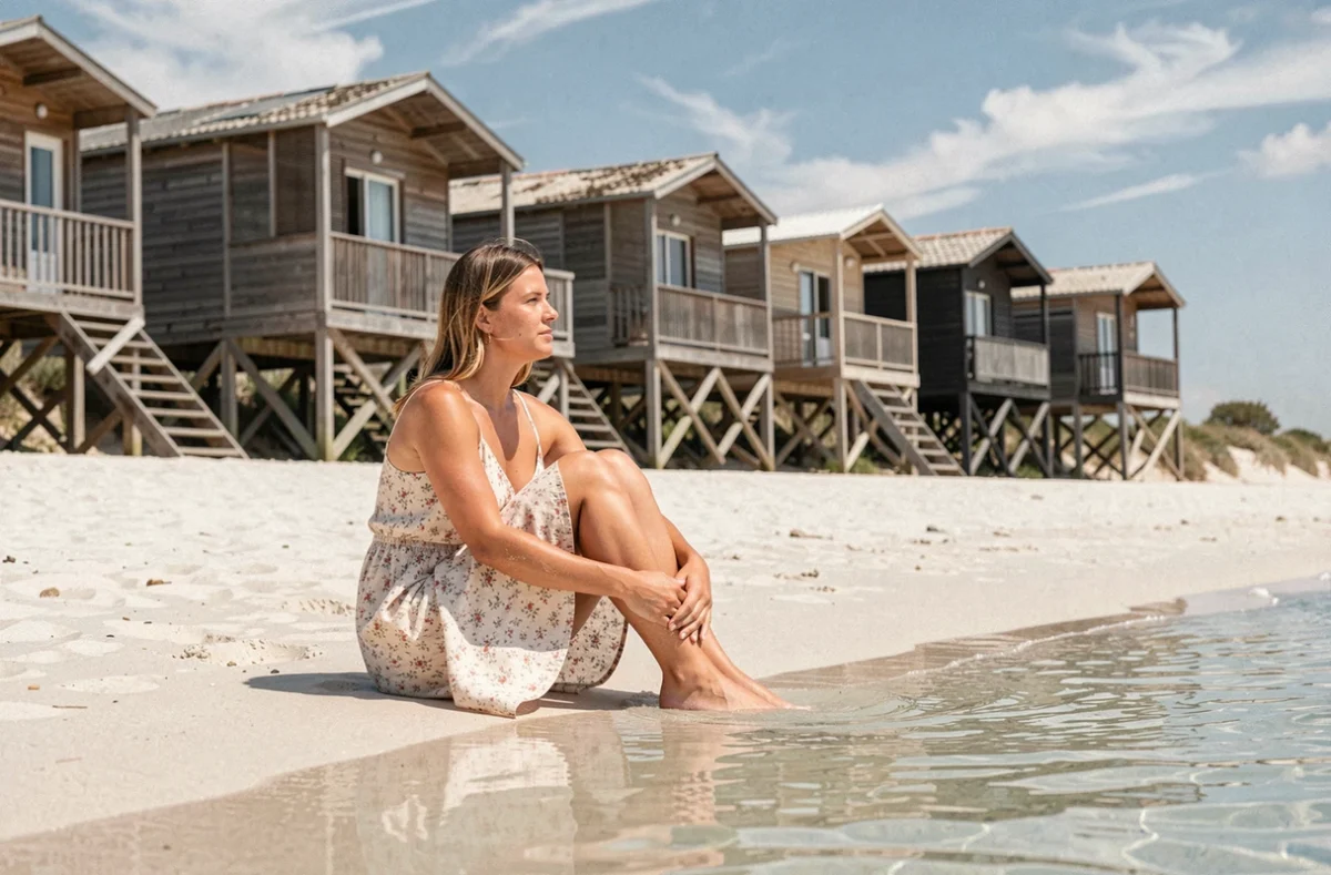 Femme assise sur la plage de Gruissan avec les célèbres chalets sur pilotis en arrière-plan