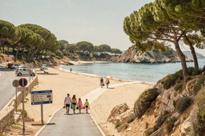 Vue panoramique de la plage du Rayol-Canadel avec parking et chemin d'accès piéton bordé de pins méditerranéens