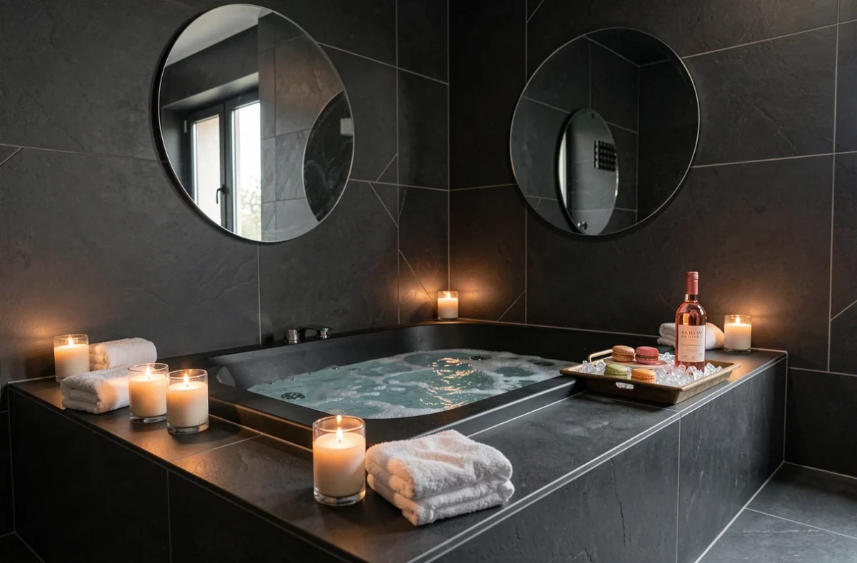 Spa privatif contemporain de PLAN COEUR Expérience à Riom avec baignoire balnéo en pierre noire et ambiance bougies