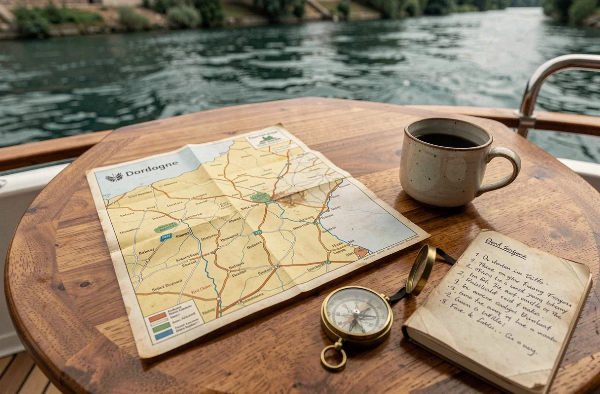 Carte de la Dordogne, boussole et carnet de voyage posés sur une table en bois d'un bateau fluvial