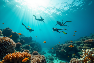 Touristes nageant au-dessus de coraux colorés dans la grande barrière de corail