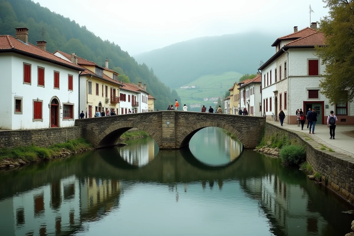 Vue sur la rivière et le pont de Dancharia en Espagne avec architecture basque traditionnelle et collines verdoyantes en arrière-plan