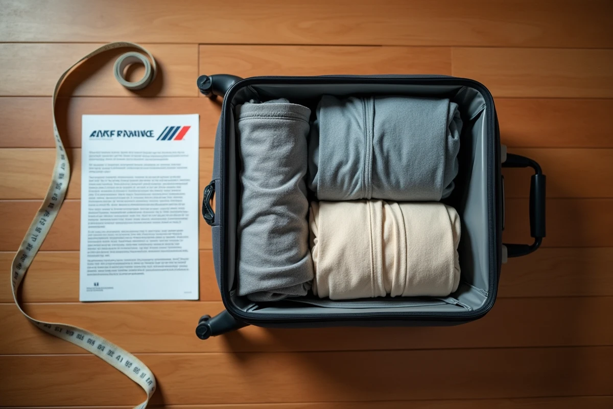 Préparation d'une valise cabine aux dimensions Air France avec ruban mesureur et checklist bagage