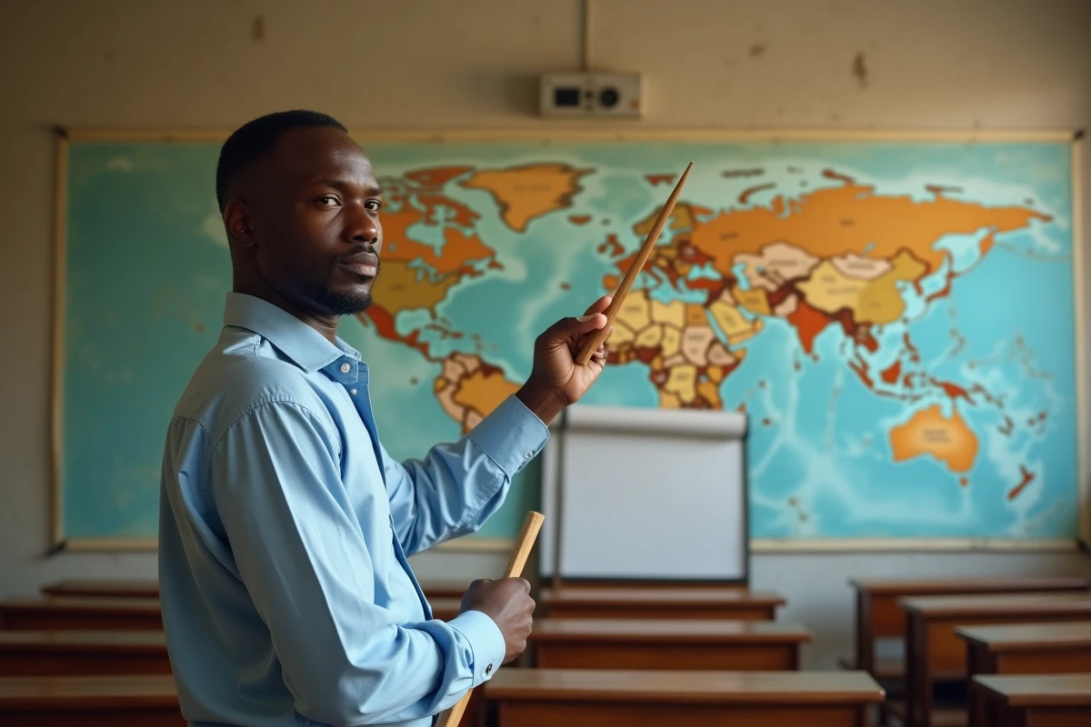 Professeur de géographie désignant le Sénégal sur une grande carte murale de l'Afrique dans un amphithéâtre universitaire