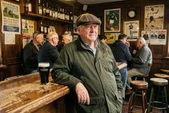 Habitué d'un pub de quartier à Stoneybatter, Dublin, accoudé au bar en bois avec une pinte de Guinness, ambiance authentique irlandaise