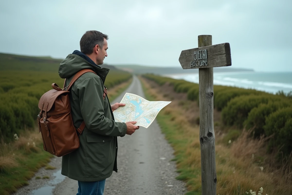 Randonneur tenant une carte de Normandie sur un sentier côtier face aux falaises