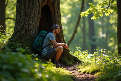 Randonneur se soulageant discrètement derrière un arbre en forêt