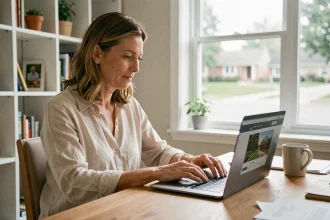Femme cherchant une location de vacances sécurisée sur une plateforme en ligne depuis son bureau à domicile