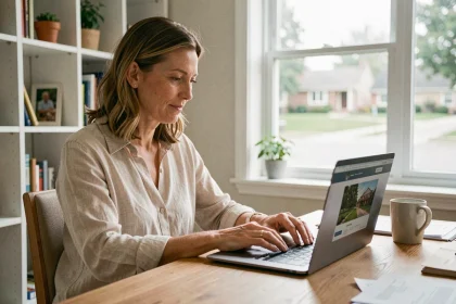 Femme cherchant une location de vacances sécurisée sur une plateforme en ligne depuis son bureau à domicile