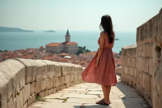Voyageuse admirant les remparts de Dubrovnik avec vue sur les toits en tuiles et la mer Adriatique, loin des foules touristiques