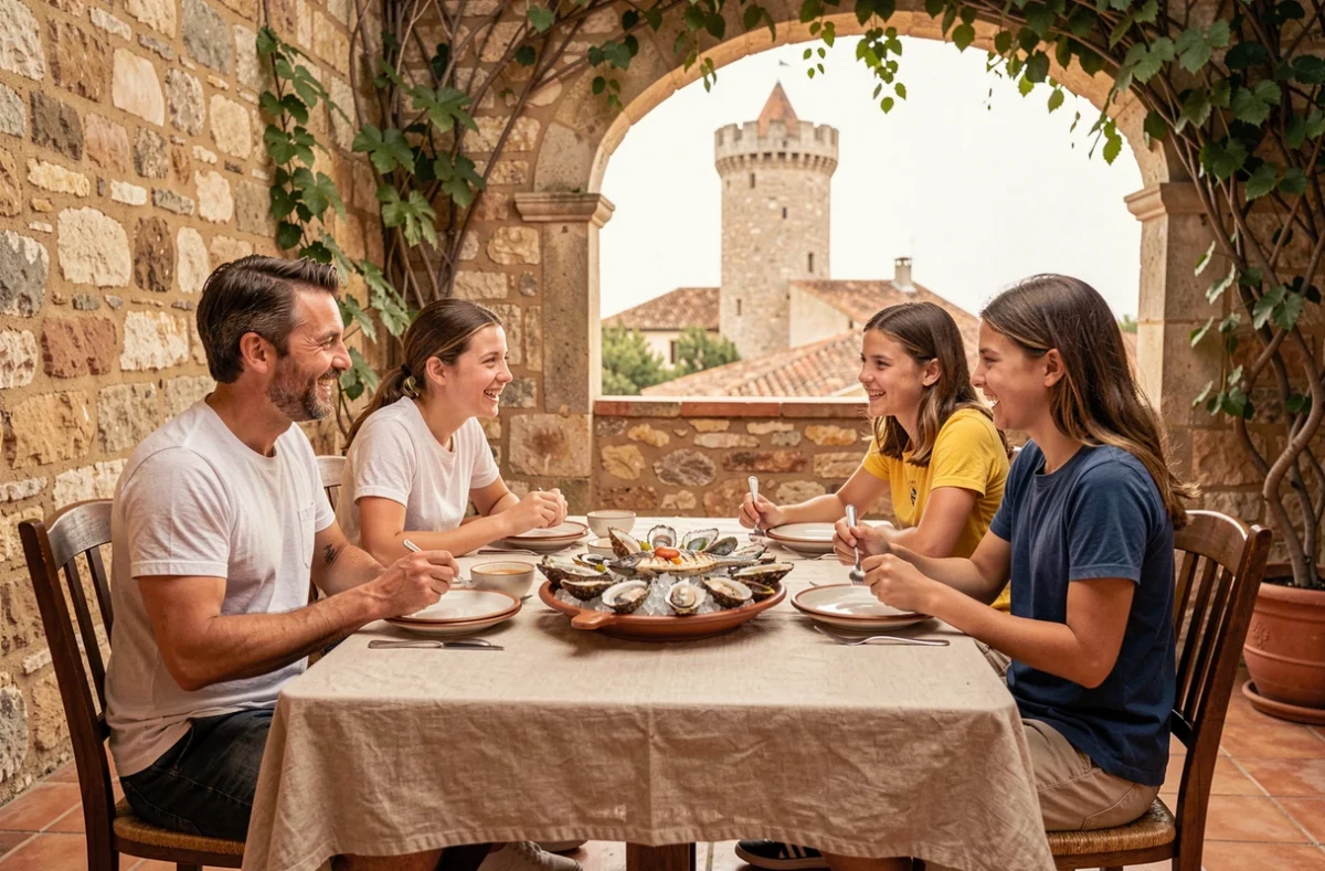 Famille attablée en terrasse d'un restaurant de Gruissan dégustant un plateau de fruits de mer avec la tour Barberousse en fond