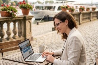 Femme réservant une croisière fluviale sur un site de voyage en terrasse au bord d'une rivière française