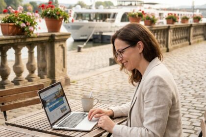Femme réservant une croisière fluviale sur un site de voyage en terrasse au bord d'une rivière française