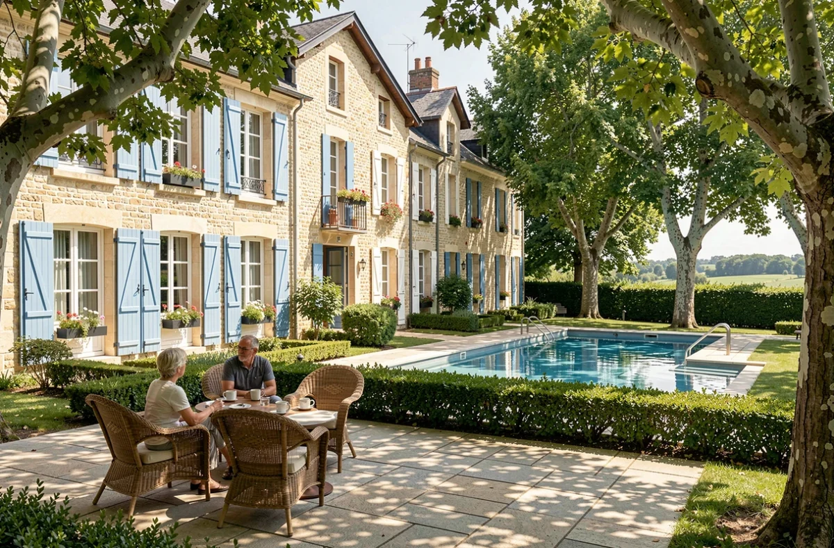 Résidence Goélia Clos de Saint Michel avec bâtiments en pierre rénovés, volets bleus et jardin soigné au bord de la Loire